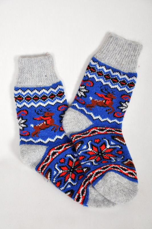 Women’s Wool Socks – Blue Reindeer & Snowflake Pattern | UK 3.5–7