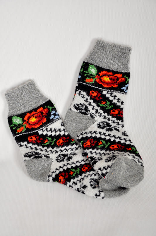 Women’s Wool Socks – Black Floral Rose | UK 3.5–7