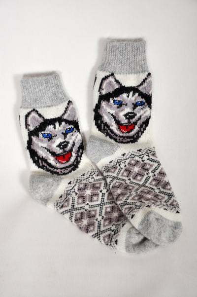 Men’s Wool Socks – Blue-Eyed Wolf with Red Tongue| UK 6.5–10.5