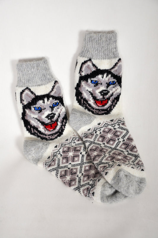 Men’s Wool Socks – Blue-Eyed Wolf with Red Tongue| UK 6.5–10.5