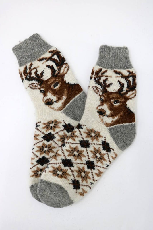 Men’s Wool Socks – Brown Reindeer Portrait | UK 6.5–10.5