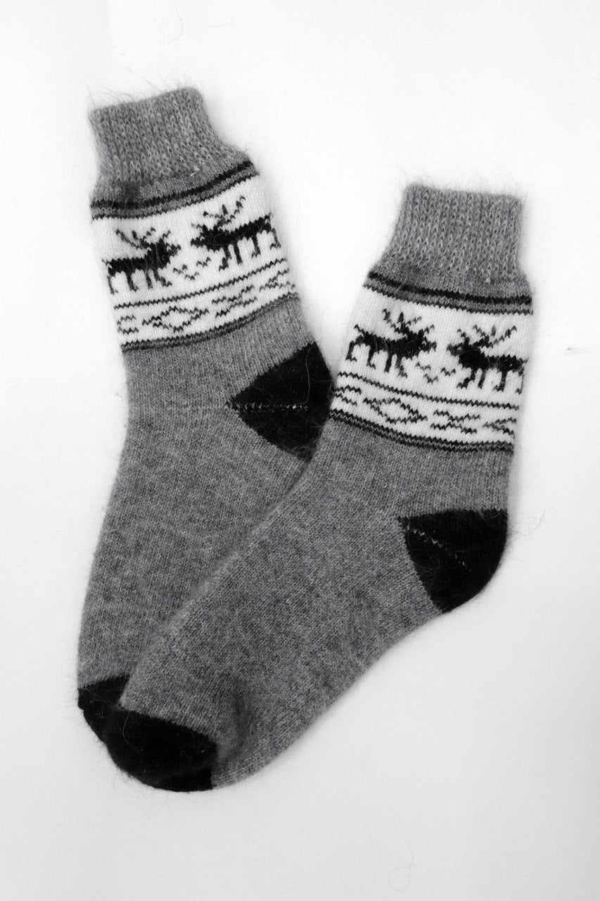 Men’s Wool Socks – Grey & Black Reindeer Band | UK 6.5–10.5