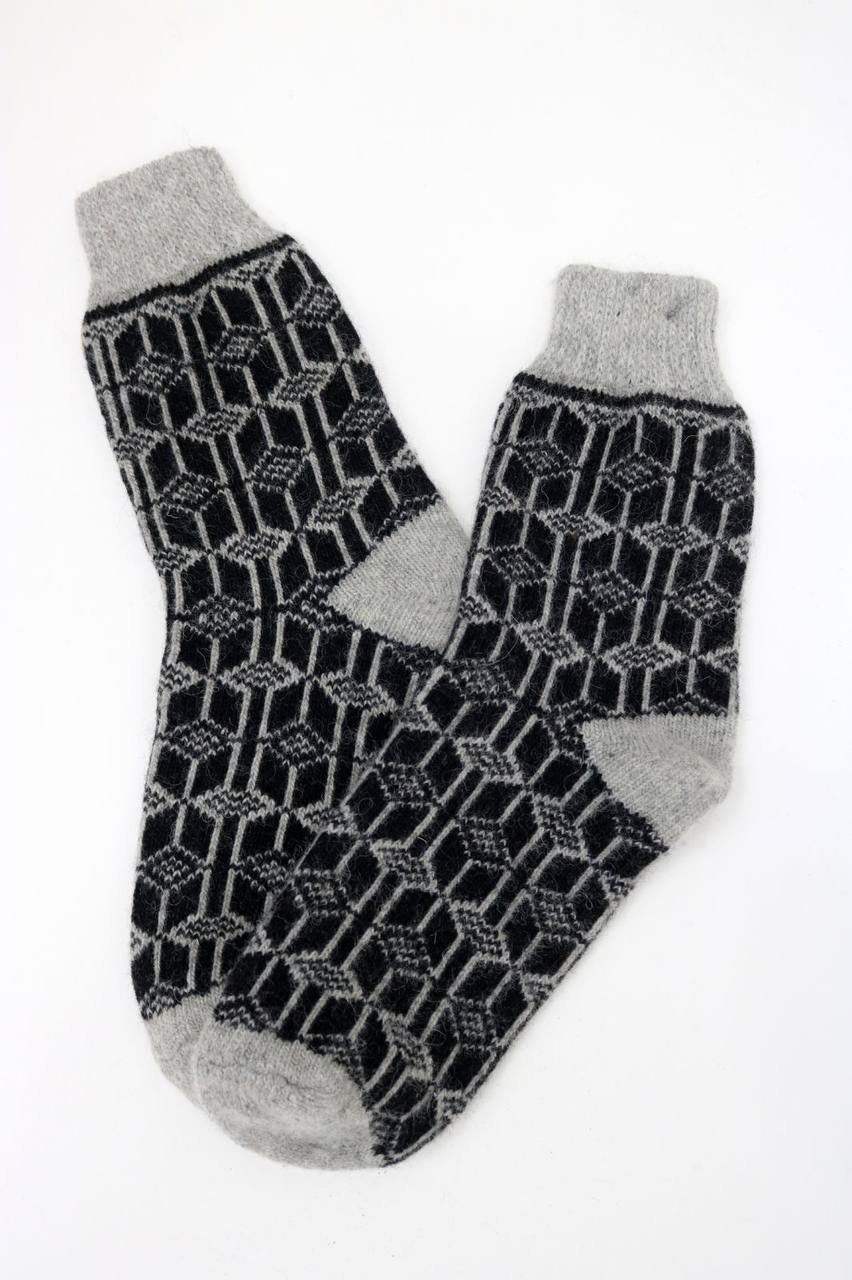 Men’s Wool Socks – Black & Grey Geometric Pattern | UK 6.5–10.5