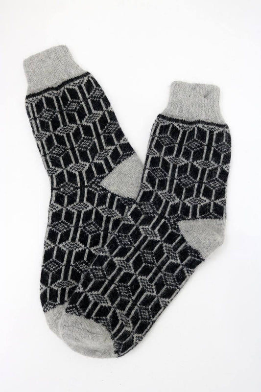 Men’s Wool Socks – Black & Grey Geometric Pattern | UK 6.5–10.5